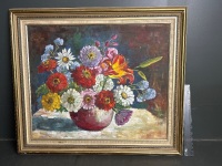 Bowl of Zinnias - Oil on Board signed Mary Kellick