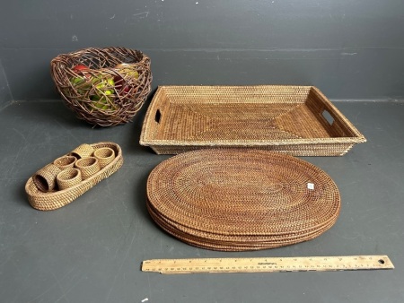 Large Cane Serving Tray, Place Mats, Fruit Bowl & Napkin Rings