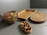 Large Cane Serving Tray, Place Mats, Fruit Bowl & Napkin Rings - 2