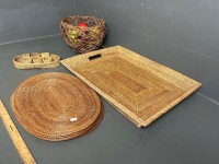 Large Cane Serving Tray, Place Mats, Fruit Bowl & Napkin Rings - 3