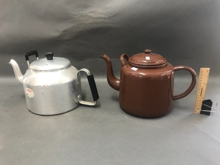 Large Vintage Enamel Teapot + Larger Aluminimum Tea Pot