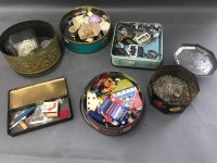 Box Lot of Old Tins Containing Sewing Paraphenalia