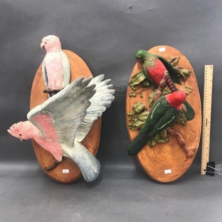 2 Large Signed Ceramic Australian Bird Wall Plaques - Galahs & King Parrots