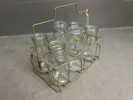 Farm House Vintage Wire Cream Bottle Carrier with Original Bottles