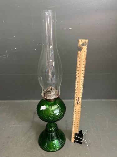 Green Glass Mid Century Lantern with Clear Chimney