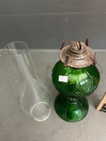 Green Glass Mid Century Lantern with Clear Chimney - 2