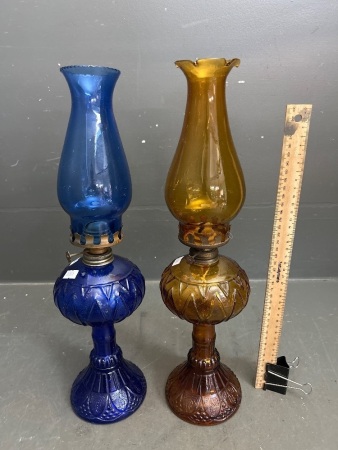 Pair Amber and Blue Mid Century Kero Lanterns with Chimneys