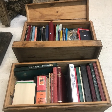 2 Large Crates Full of Vintage Stamp Albums, Catalogues, Loose Stamps Etc.