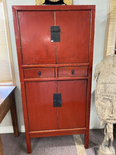 Tall Red Lacquerware Tall Boy Cabinet