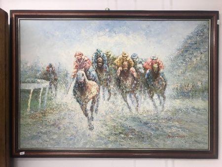 Large Framed Original Painting of Horse Racing Signed Marie Charlotte