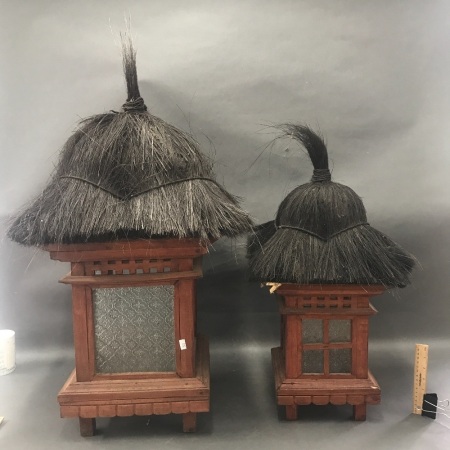 2 Balinese Timber & Glass Thatched Hut Lanterns