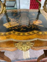 Cleopatra Decorative Design 19th Century Louis XV Two-Tier Parquetry Dessert Table, inlaid with musical instruments and Ormulu Detail - 4