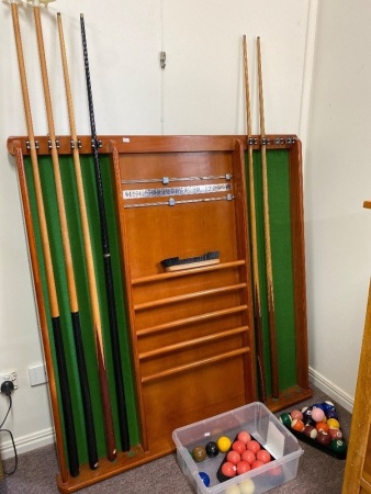 Pool Cue Rack with Cues and Pool Balls