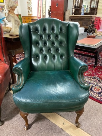 Mid Century MORAN Green Leather Wing Back Chesterfield Style Arm Chair
