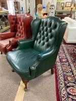 Mid Century MORAN Green Leather Wing Back Chesterfield Style Arm Chair - 2