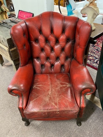 Mid Century Red Leather Wing Back Chesterfield Style Arm Chair