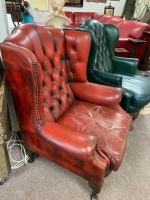 Mid Century Red Leather Wing Back Chesterfield Style Arm Chair - 2