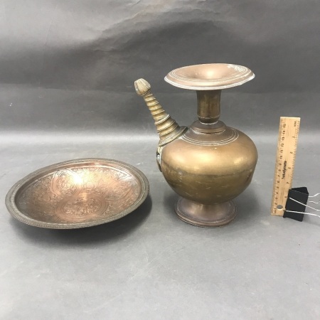 Antique Brass Oil Jar with Spout & Heavy Incised Bronzed Bowl