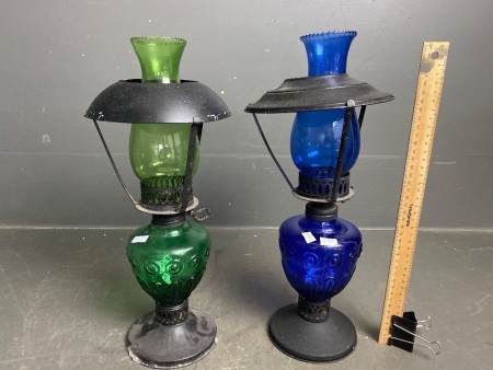 Pair Mid Century / Vintage Green and Blue Glass Kerosene Lamps