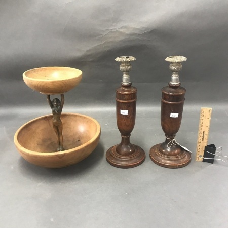 Pair Vintage Oak Baluster C/Sticks & 2 Tier Stand with Brass Diana Figure