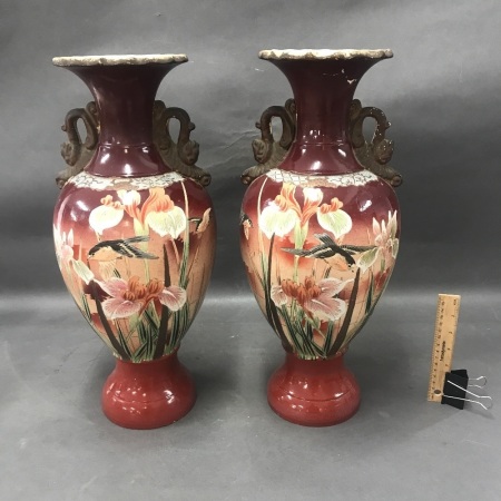 Pair of Large Victorian Export Ware Vases - 1 Has Repair