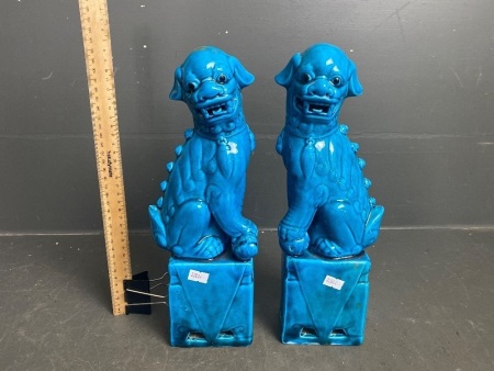 Vintage Pair Chinese Blue Porcelain Fu Dogs