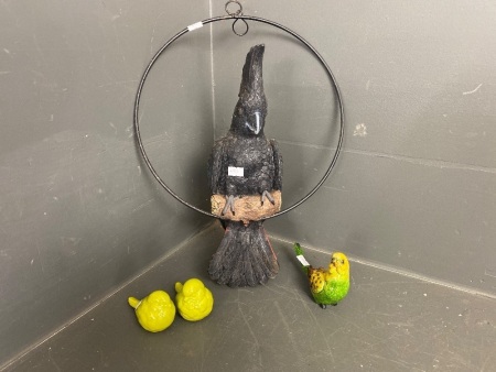 Hanging Black Cocky and Three Ceramic Bird Ornaments