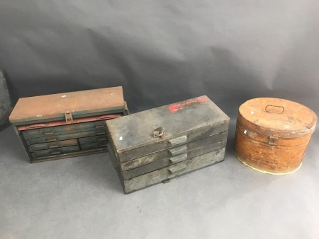 2 Vintage Steel Tool Boxes with Drawers & Antique Hat Box As Is