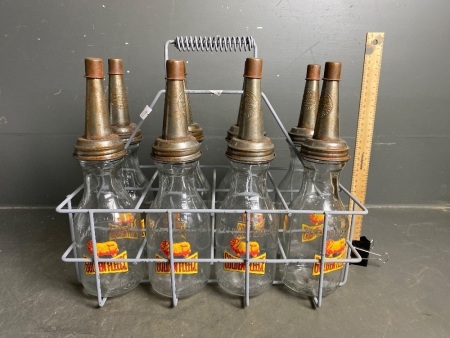 Golden Fleece Oil Bottles x 8 in Basket with Tin Lids