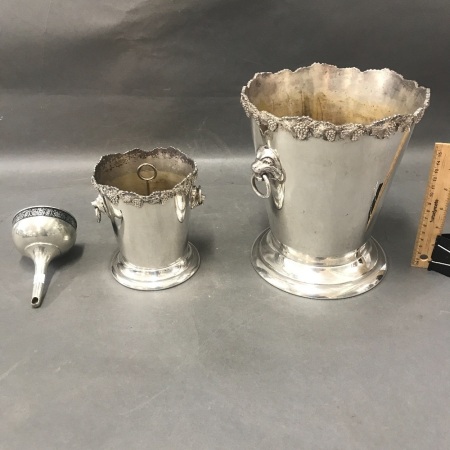 Vintage Lions Head Silver Plate Wine & Ice Buckets + Pewter Wine Funnel