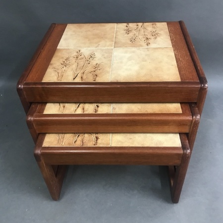 Nest of 3 Mid Century Sunelm Teak Coffee Tables with Tiled Tops