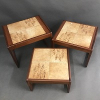 Nest of 3 Mid Century Sunelm Teak Coffee Tables with Tiled Tops - 2