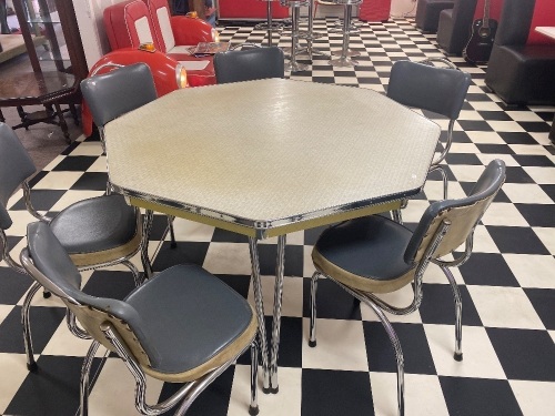 Laminex Topped Chrome Legged Hexagonal Table with 6 Chairs