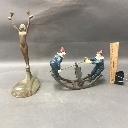 Vintage Cast Diana Style Figure & Cast Iron Clowns Rocker