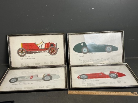 4x Framed Lithographs of Antique Vehicles