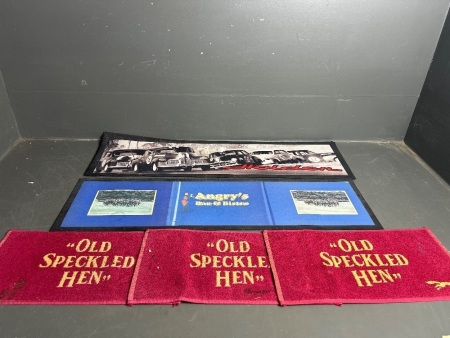 2 Bar Mats (Holden and Angrys) and 3 Old Speckled Hen Bar Towels