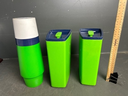 Set of 2 Vintage Canisters & Thermos in Green and Blue