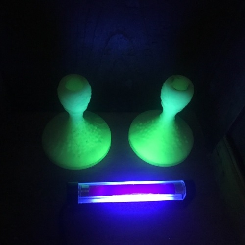 Pair of Unusual Uranium Milk Glass Candlesticks