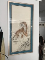 Large Framed Silk Painting of a Tiger