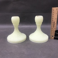 Pair of Unusual Uranium Milk Glass Candlesticks - 2