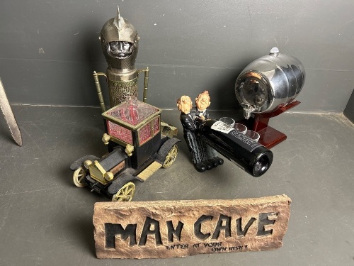 Mixed Lot inc Man Cave Sign, Mini Keg, Decanters and Wine Bottle Holder