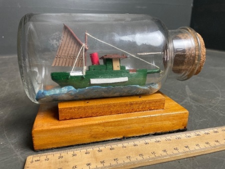 Model Boat in Bottle - Mounted on Timber Stand