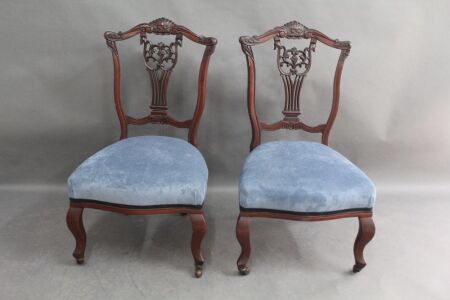 Pair of Victorian Carved Mahogany Bedroom Chairs. Sprung Seats & Original Ceramic Casters