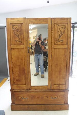 Antique Single Door, Single Drawer Wardrobe with Art Nouveau Carvings