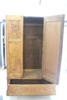 Antique Single Door, Single Drawer Wardrobe with Art Nouveau Carvings - 2