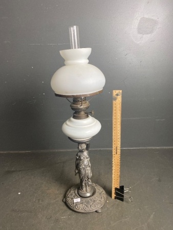 Art Nouveau Lady Banquet Oil Lamp with Milk Glass Shade and Font