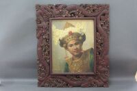 Signed Original Oil of Balinese Princess on Canvas in Large Carved Dragon Frame