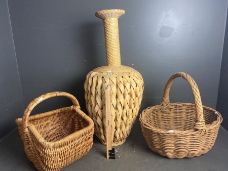 Two Cane Baskets and one Reed Plated Vase