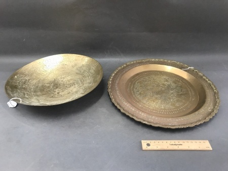 Heavy Brass Chinese Taoist Temple Tray with Scalloped Edge & Spun Brass Bowl c1930's