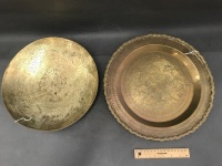 Heavy Brass Chinese Taoist Temple Tray with Scalloped Edge & Spun Brass Bowl c1930's - 2